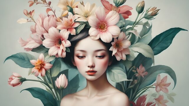 A collage of abstract contemporary surreal art that depicts a young woman with flowers ,surreal art 