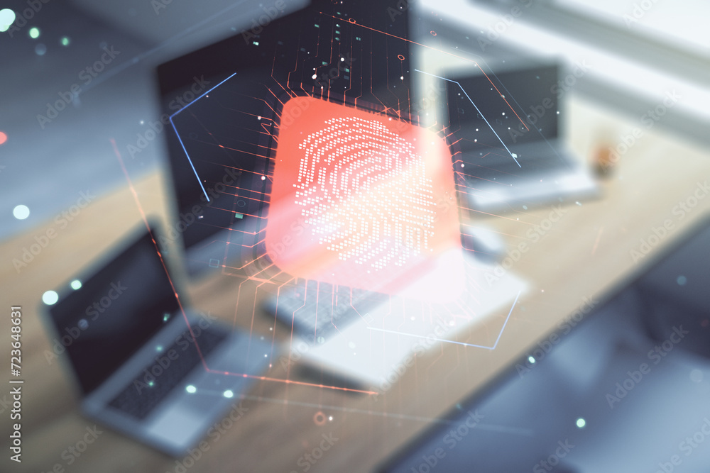 Poster Multi exposure of abstract graphic fingerprint sketch and modern desktop with pc on background, fingerprint scan data concept
