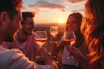 People toasting rose wine outside at a winery. Lifestyle concept with friend enjoying good time.