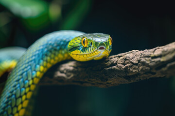 Fototapeta premium Venomous snake on tree branch. Closeup of poisonous green snake in the wild