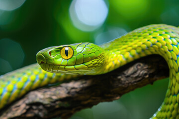 Obraz premium Venomous green snake on tree branch. Closeup of Boomslang snake in the wild
