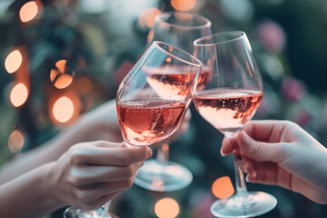 Close up hands of people toasting rose wine outside at a winery. Lifestyle concept with friend enjoying good time.