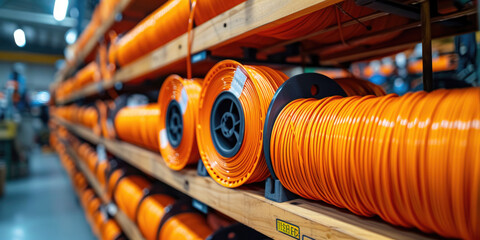 a spool of orange cables optic on a wooden rack,  - obrazy, fototapety, plakaty
