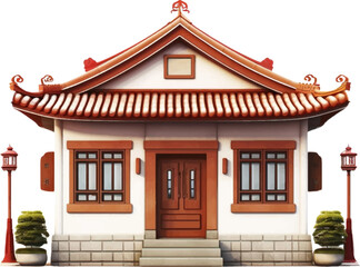 Single house in retro Chinese style on white background.