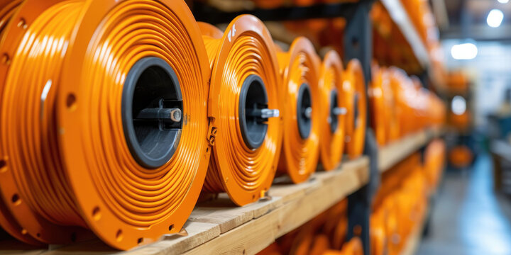 a spool of orange cables optic on a wooden rack, 