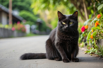 black cat sitting relaxed on the park path