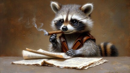 A raccoon with glasses and a cigar smoking on top of an open book, AI - obrazy, fototapety, plakaty
