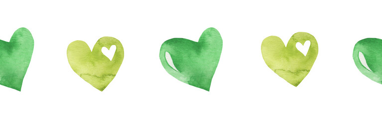 Watercolor central border template of colorful hearts of gree shades on white background. Beautiful decorative elements in shape of hearts in row isolated on white backround.