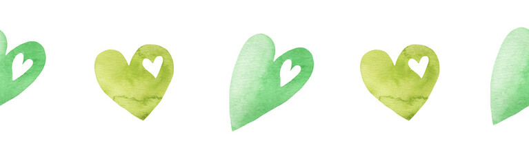 Watercolor central border template of colorful hearts of gree shades on white background. Beautiful decorative elements in shape of hearts in row isolated on white backround.