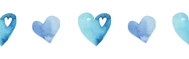 Watercolor central border template of colorful hearts of blue shades on white background. Beautiful decorative elements in shape of hearts isolated on white backround.