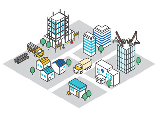 建設中のビルやビル街のアイソメベクターイラスト素材