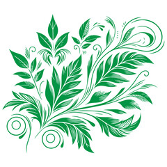 hand draw of beautiful floral ornament green leaves and abstract black lines monochrome Contour Flower. Floral Design Element vector