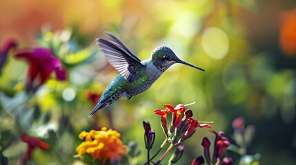 Fototapeta premium Hummingbird Hovering Near Vibrant Flowers in Sunlit Garden