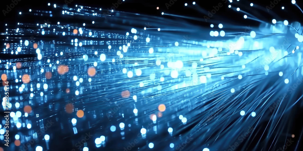 Fototapete 3d rendering of abstract wire cable tunnel with digital binary data transmitting.blue glowing data c