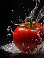 tomato in water splash with black background