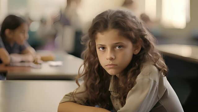 Middle Eastern girl seated in busy school canteen seems to hear neither surrounding noise nor friend calling name. This suggests deep sense of disassociation, blocking out intrusive stimuli