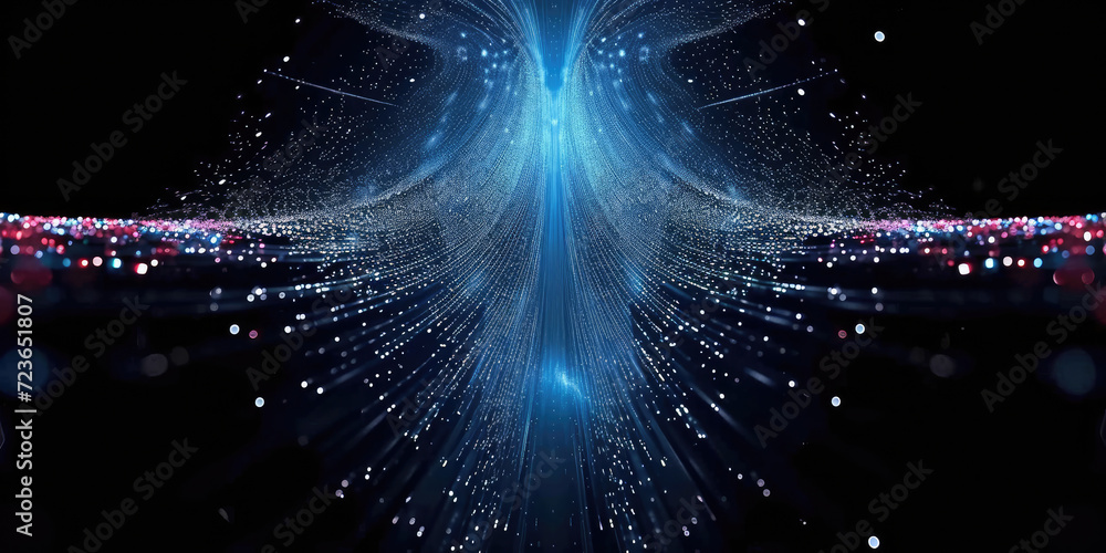 Poster 3d rendering of abstract wire cable tunnel with digital binary data transmitting.blue glowing data c