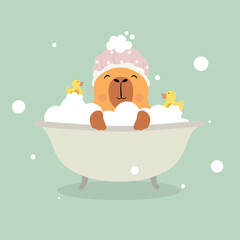 Cute Capybara with shower cap. Funny animal character takes a bath. Capybara swims with a yellow duck and bubbles