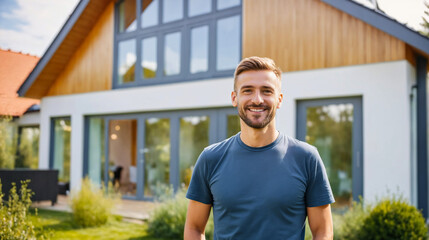 Happy man posing in front of his contemporary home, AI-generated.