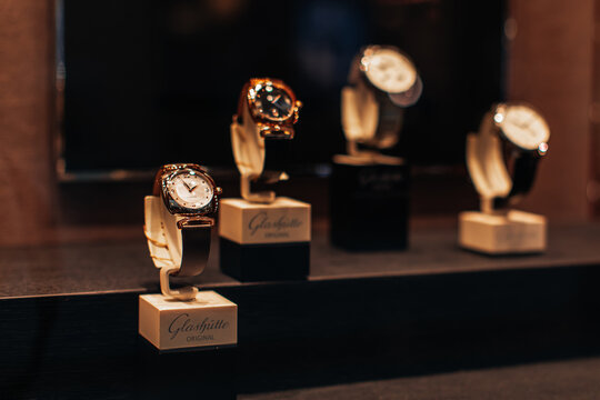 Glashutte Original watches on the window of a boutique in a shopping mall. Glashutte Original is a prestigious German watchmaking company currently owned by The Swatch Group.