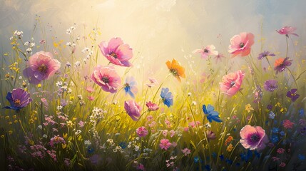 Obraz na płótnie Canvas oil painting illustration of a field where whimsical wildflowers dance