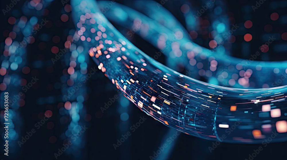 Fototapete 3d rendering of abstract wire cable tunnel with digital binary data transmitting.glowing data cables