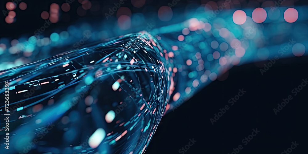 Poster 3d rendering of abstract wire cable tunnel with digital binary data transmitting.glowing data cables