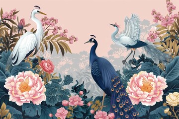 Border in chinoiserie style with herons, peacock and peonies. Vector.