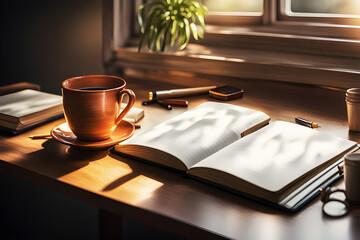 An open notebook on desk in the writer’s home office. Sunlight falls from window onto table.