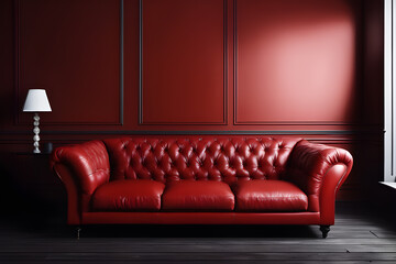 Luxurious interior with large red leather sofa. Modern classic style interior with red walls, sofa and lamp.