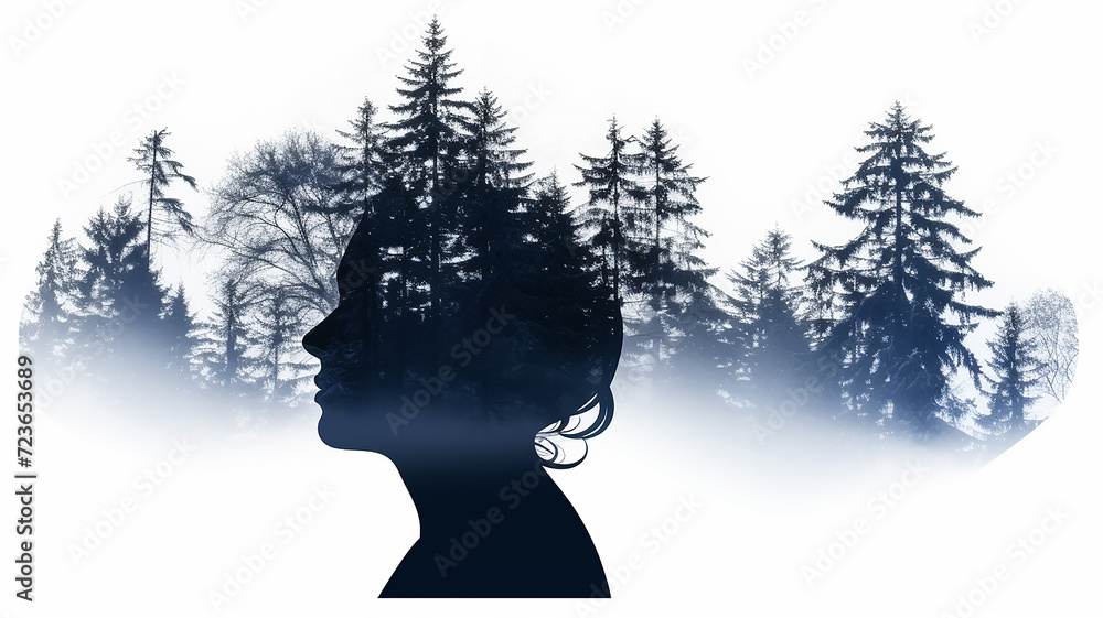 Wall mural silhouette of a woman, multi-exposure nature, on a white background