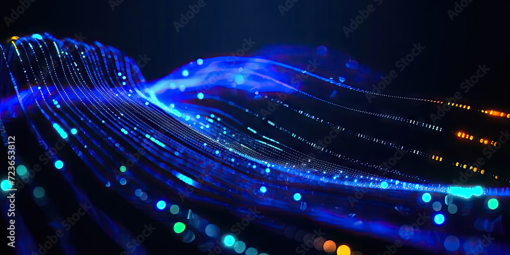 Poster 3d rendering of abstract wire cable tunnel with digital binary data transmitting.blue glowing data c