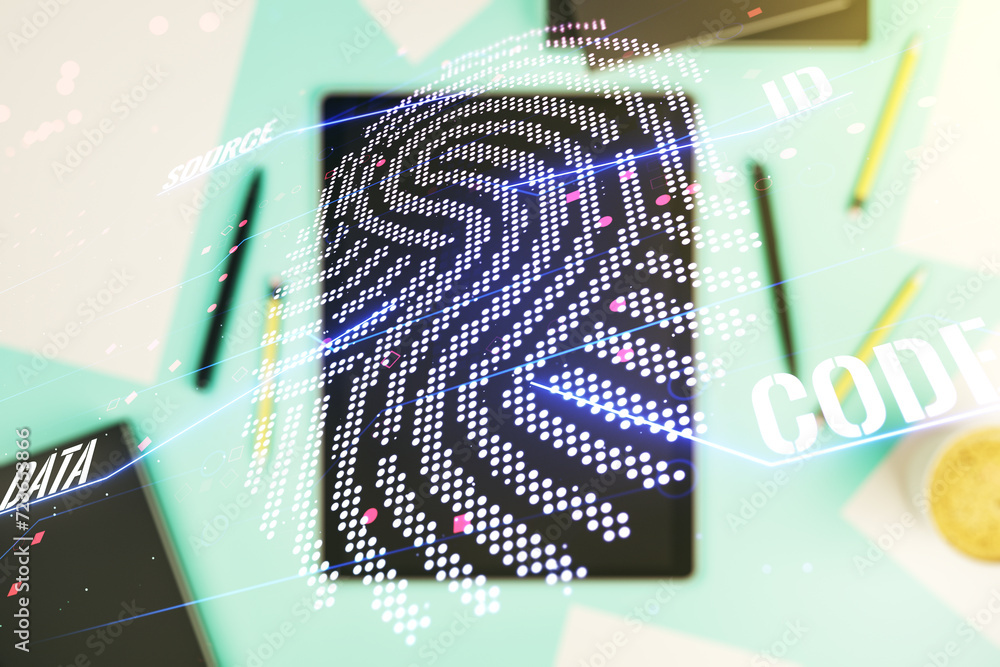 Poster Abstract creative fingerprint concept and modern digital tablet on background, top view. Multiexposure