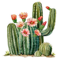 Watercolor cute cacti with flowers isolated on a transparent background, png