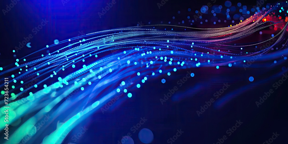 Poster 3d rendering of abstract wire cable tunnel with digital binary data transmitting.blue glowing data c