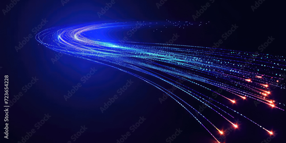 Poster 3d rendering of abstract wire cable tunnel with digital binary data transmitting.blue glowing data c