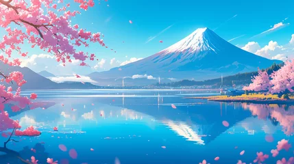 Crédence de cuisine en verre imprimé Bleu 春の富士山の風景
