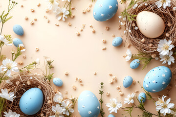 Fototapeta na wymiar Greeting card for Easter, with Easter eggs in a nest on a beige background.