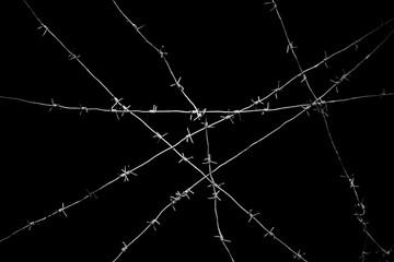 Old security barbed wire isolated on black background. Sharp military security fence. Closeup...