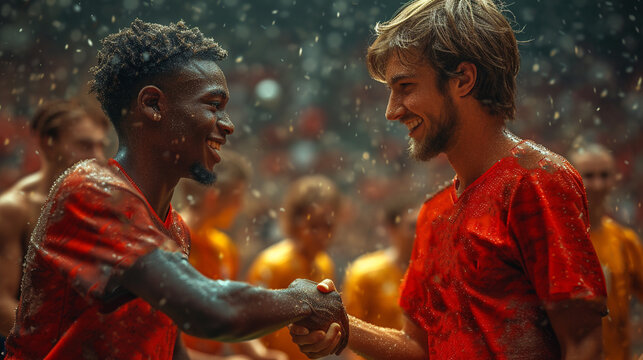 Soccer players shaking hands in a stadium.