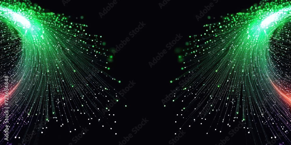 Poster 3d rendering of abstract wire cable tunnel with digital binary data transmitting. green glowing data