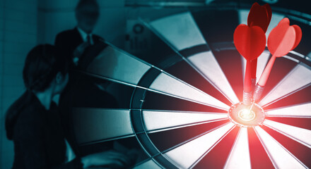 Business Target Goal For Success Strategy Concept - Red dart arrow hitting center goal on dart...