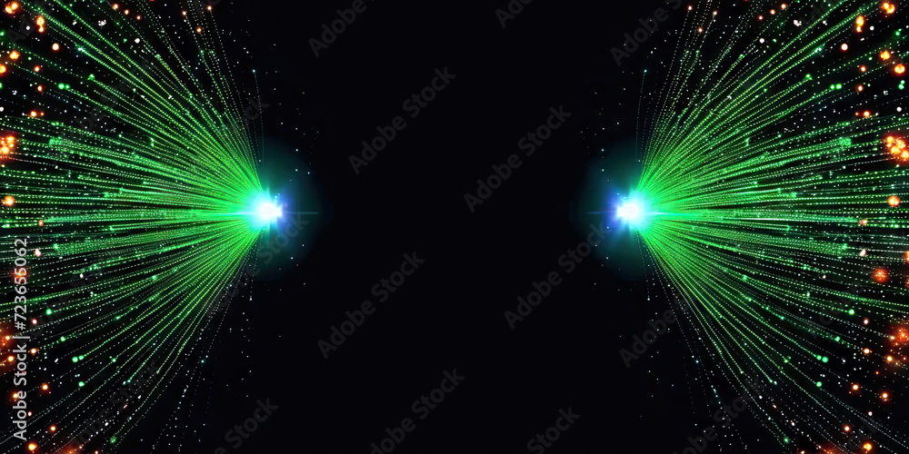 Poster 3d rendering of abstract wire cable tunnel with digital binary data transmitting. green glowing data