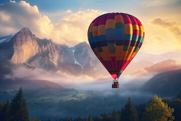 Flying Over the Mountain Valley in a Colorful Hot Air Balloon