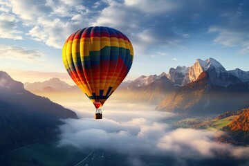 Flying high above the mountains - colorful air balloon adventure
