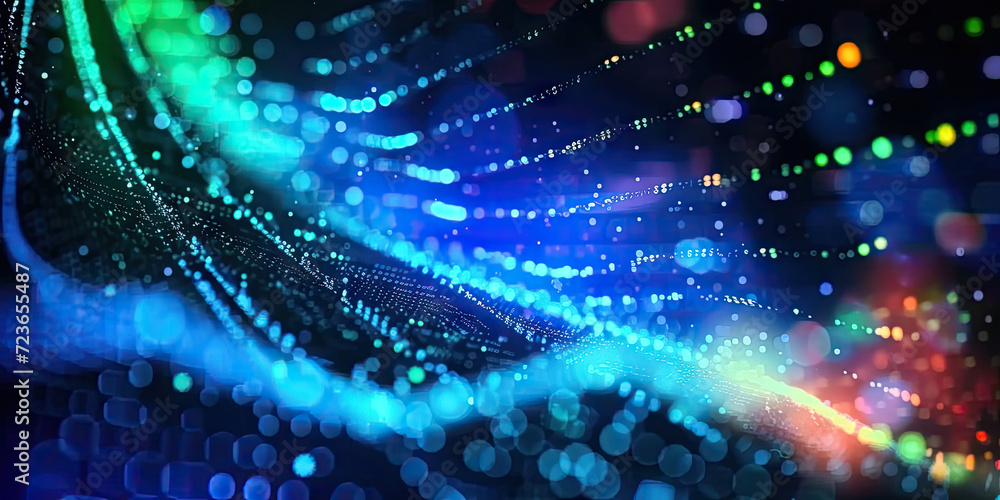 Poster 3d rendering of abstract wire cable tunnel with digital binary data transmitting.glowing data cables