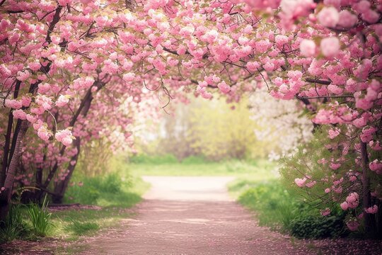 Natural arch of pink flowers over a path in a park.