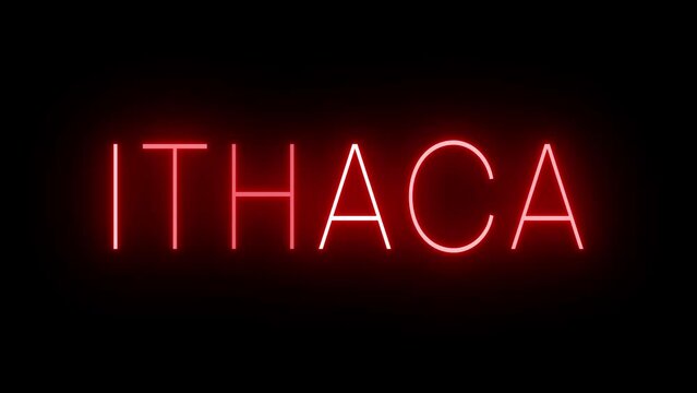 Flickering red retro style neon sign glowing against a black background for ITHACA