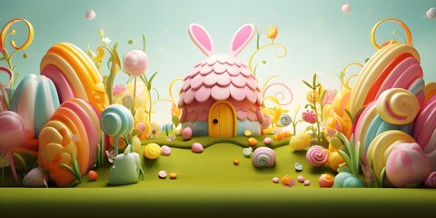 Obraz na płótnie Canvas Colorful Easter Celebration with Cute Bunny and Eggs