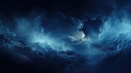 Dark blue clouds, smoke, sky with bright flashes of light. Background with a swirling haze, meaning a storm, a storm, an omen - obrazy, fototapety, plakaty